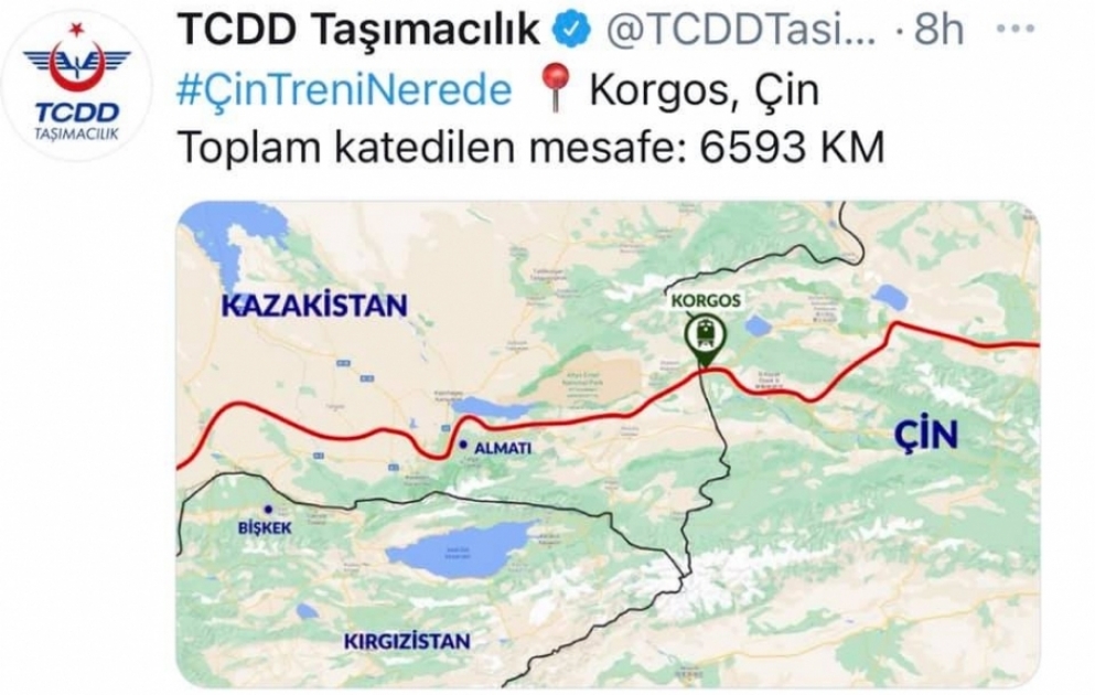 Bakı-Tbilisi-Qars dəmir yolu xətti ilə hərəkət edən Türkiyənin ilk ixrac qatarı Çinlə sərhədə çatıb