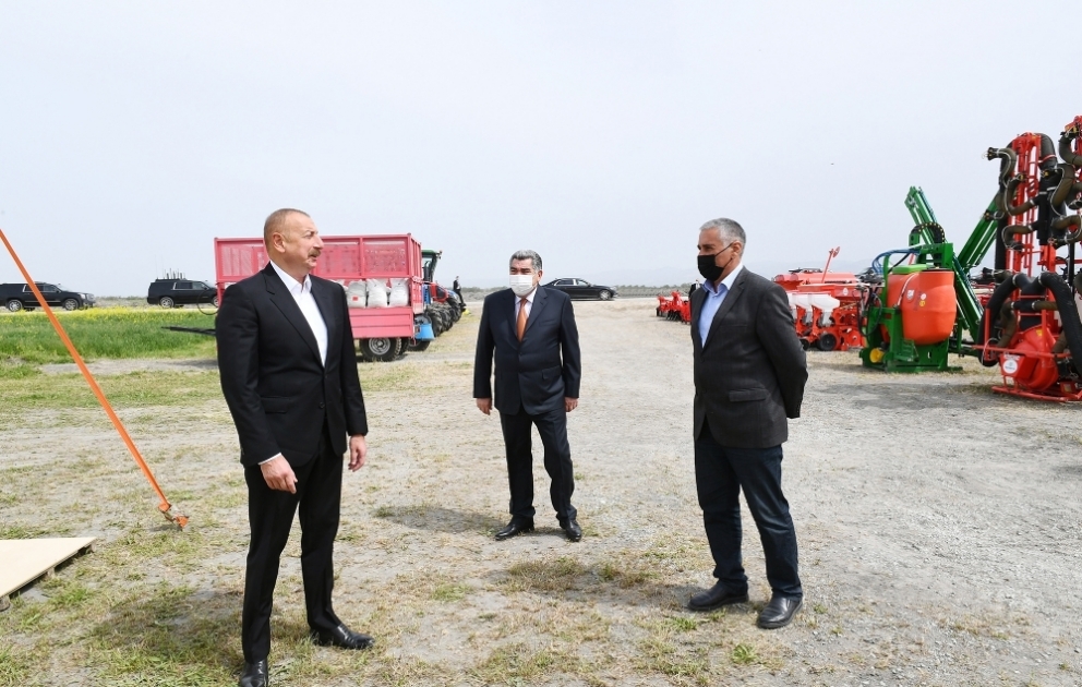 Hadschigabul: Präsident Ilham Aliyev verfolgt Frühjahrsaussaat auf einem Baumwollfeld