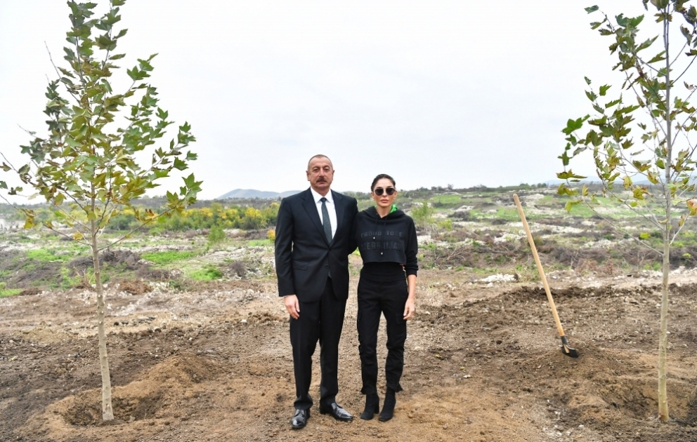 President Ilham Aliyev and First Lady Mehriban Aliyeva planted trees in Central City Park to be built in Fuzuli