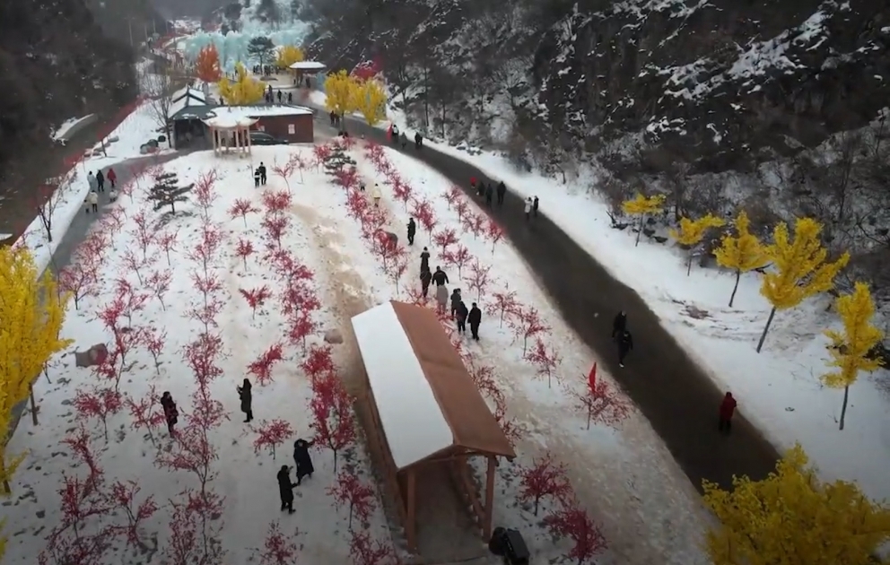 Tourists have fun at frozen canyon in N China