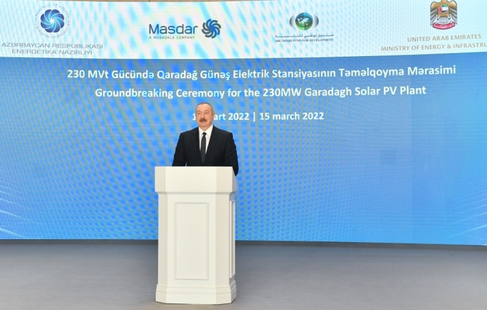 Prezident İlham Əliyev Qaradağ Günəş Elektrik Stansiyasının təməlqoyma mərasimində iştirak edib