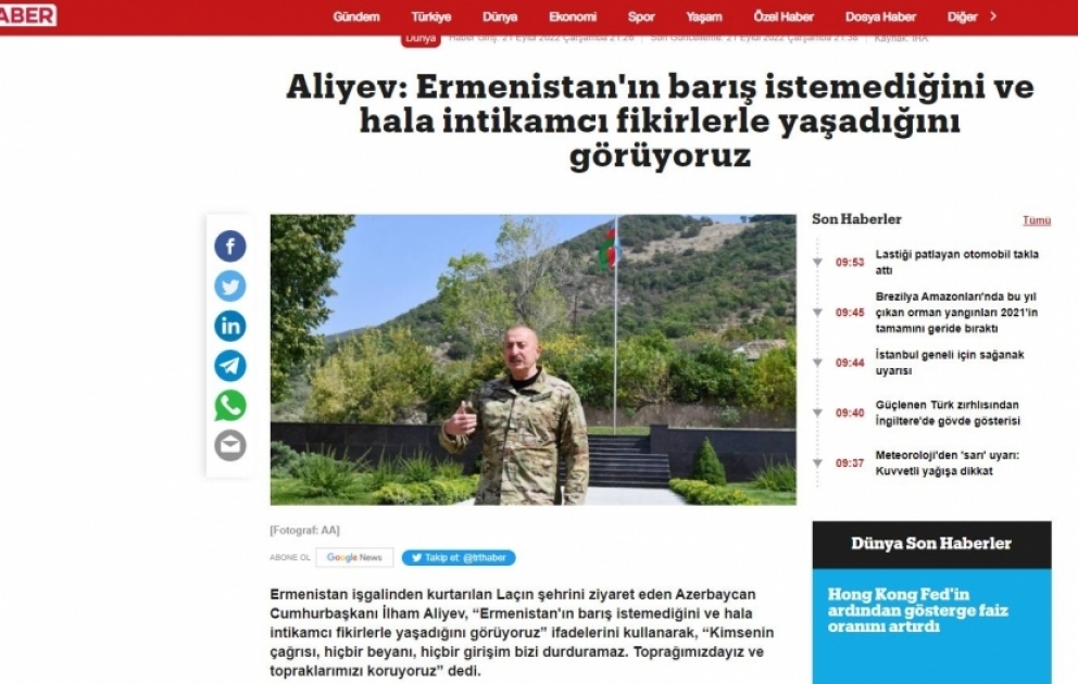 Prezident İlham Əliyevin Laçında Azərbaycan Bayrağını ucaltması Türkiyə mediası tərəfindən geniş işıqlandırılıb