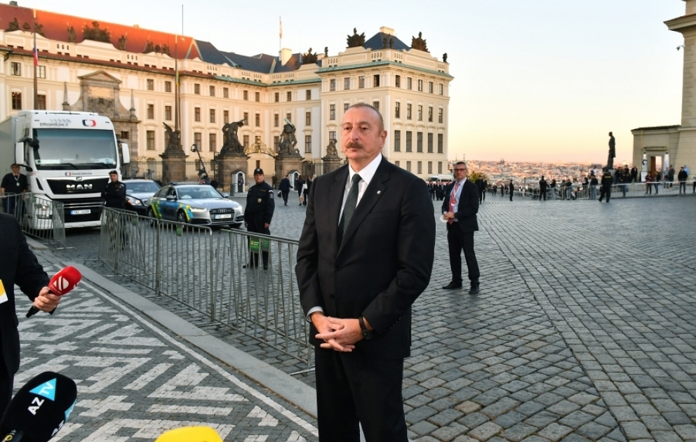 President Ilham Aliyev was interviewed by Azerbaijani TV channels in Prague