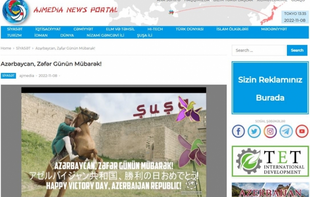 Zəfər Günü ilə bağlı xüsusi videoçarx Yaponiyanın internet resurslarında paylaşılıb