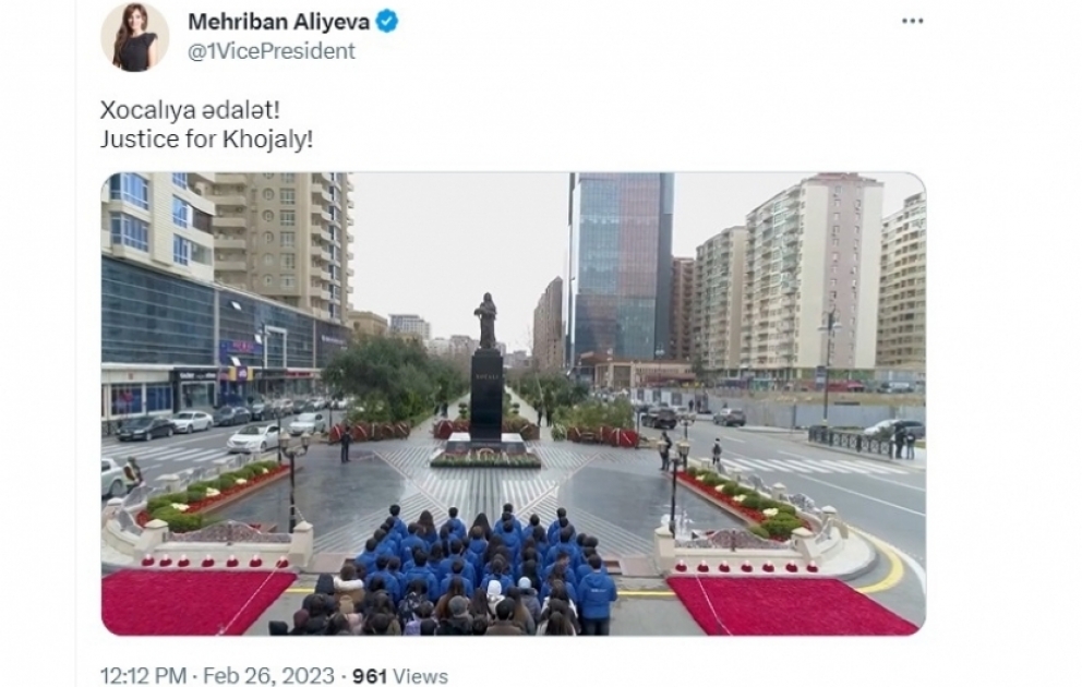 Birinci vitse-prezident Mehriban Əliyeva Xocalı soyqırımı ilə bağlı videoçarx paylaşıb