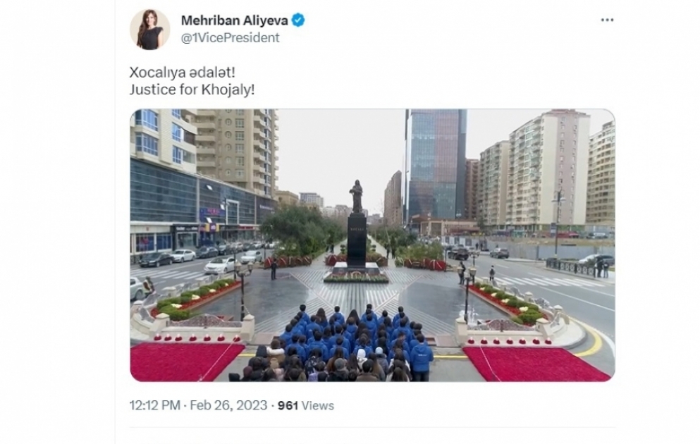 Первый вице-президент Мехрибан Алиева поделилась видеороликом в связи с годовщиной Ходжалинского геноцида