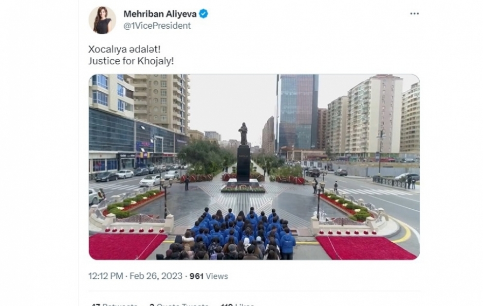 First VP of Azerbaijan Mehriban Aliyeva shares video post on 31st anniversary of Khojaly genocide