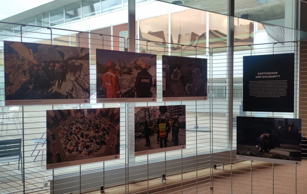 Photos featuring Türkiye's quake-hit areas displayed during PACE spring session