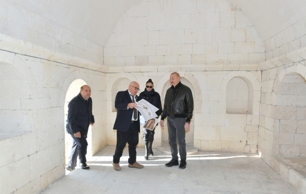 President Ilham Aliyev and First Lady Mehriban Aliyeva viewed ongoing repair and restoration works at the Imarat Complex in Aghdam