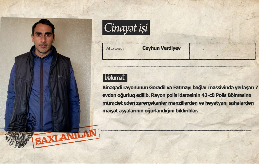 Bakıda usta işlədiyi evlərdən oğurluqlar etdiyi üçün saxlanılıb