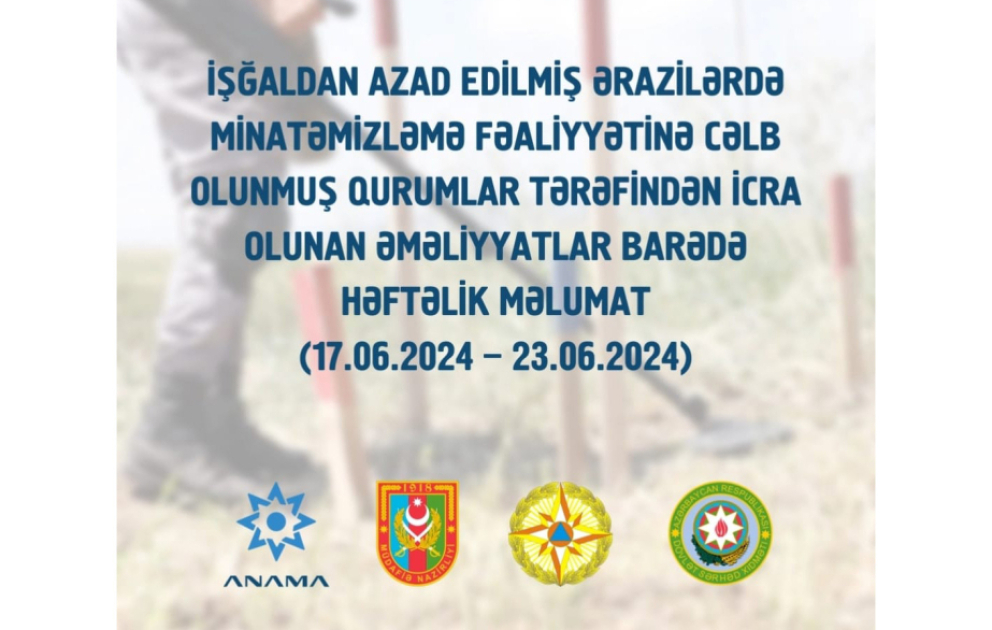 ANAMA: Ötən həftə ərzində 946 hektar ərazi mina və partlamamış hərbi sursatdan təmizlənib