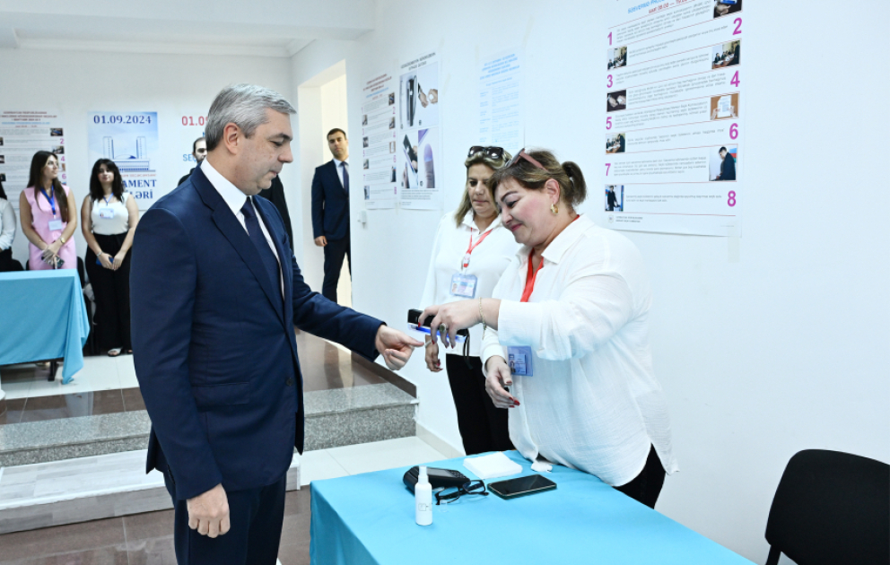 Head of Presidential Administration Samir Nuriyev casts his vote at polling station No. 34