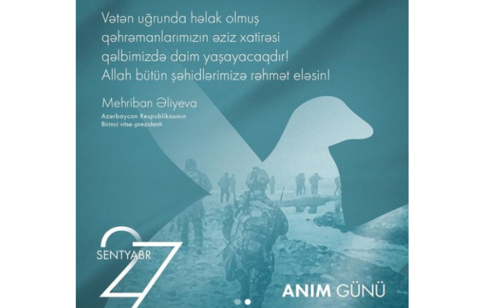 First Vice-President Mehriban Aliyeva shared a post on September 27 - Remembrance Day