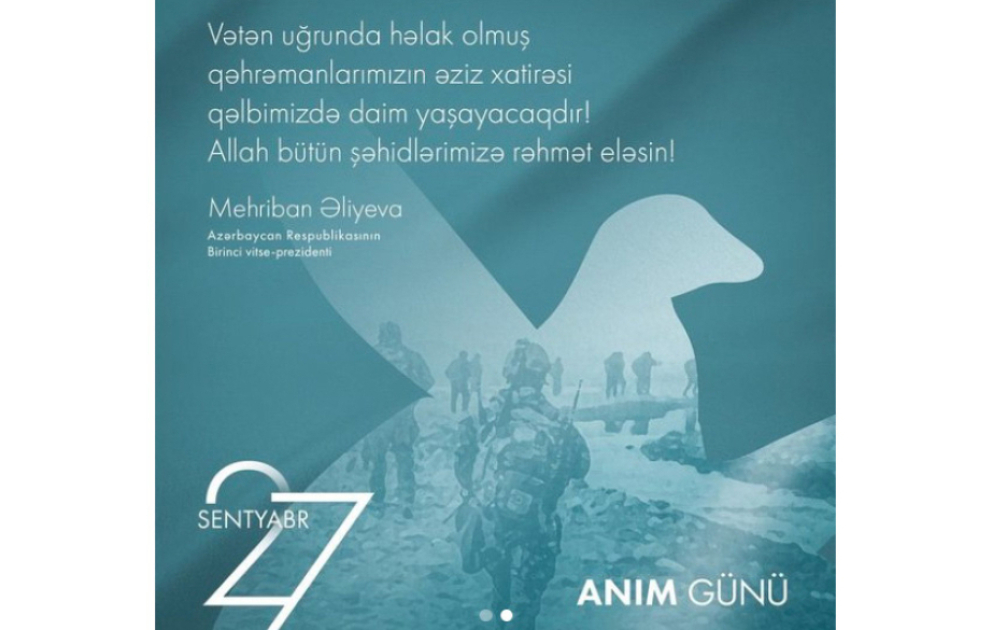 Mehriban Aliyeva partage une publication liée à la Journée de commémoration du 27 septembre