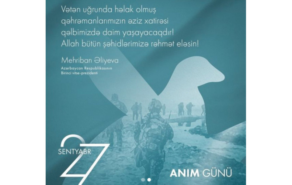 Erste Vizepräsidentin Mehriban Aliyeva teilt Beitrag zum Gedenktag am 27. September