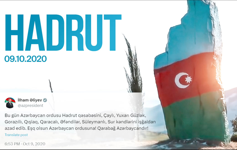 President Ilham Aliyev made post on fourth anniversary of liberation of Hadrut