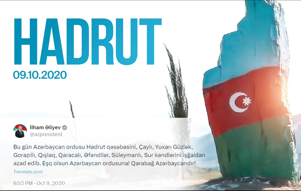 Le président Ilham Aliyev partage une publication sur la libération de Hadrout