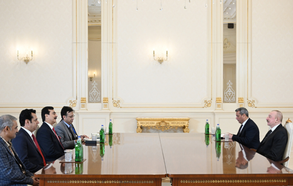 Präsident von Aserbaidschan Ilham Aliyev empfängt pakistanischen Senatsvorsitzenden