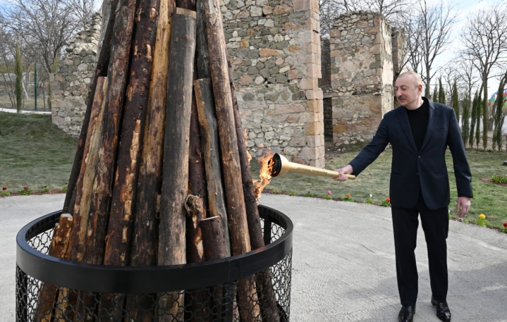 President Ilham Aliyev and First Lady Mehriban Aliyeva lit Novruz bonfire together with residents of Hasanriz village in Aghdara