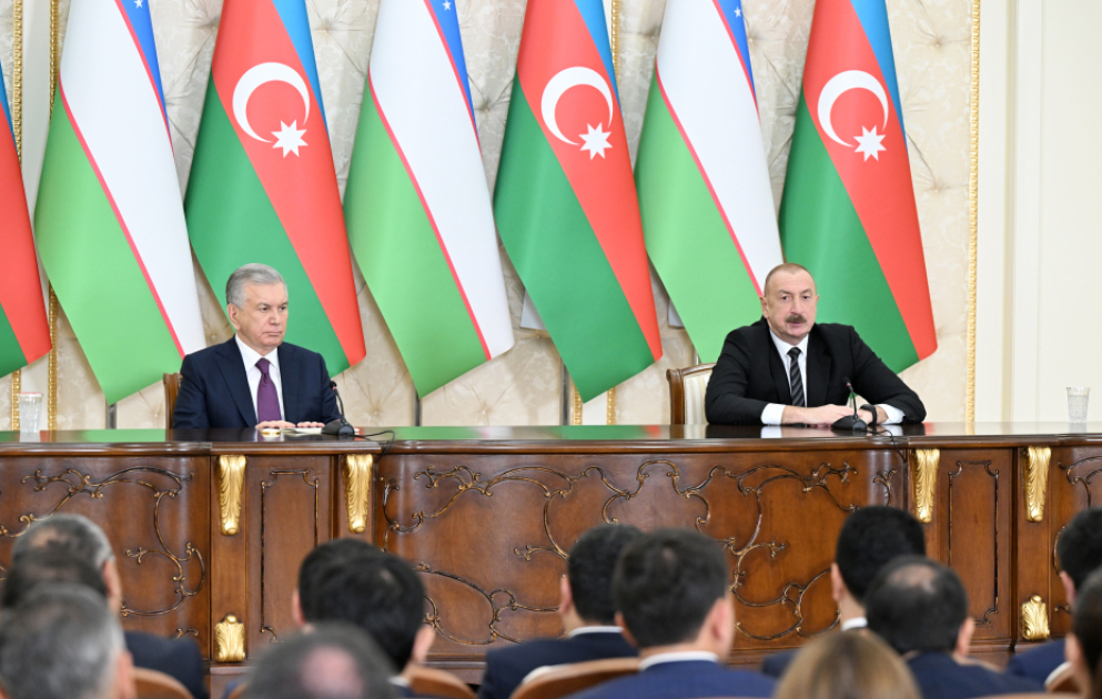 President of Azerbaijan Ilham Aliyev and President of Uzbekistan Shavkat Mirziyoyev made press statements