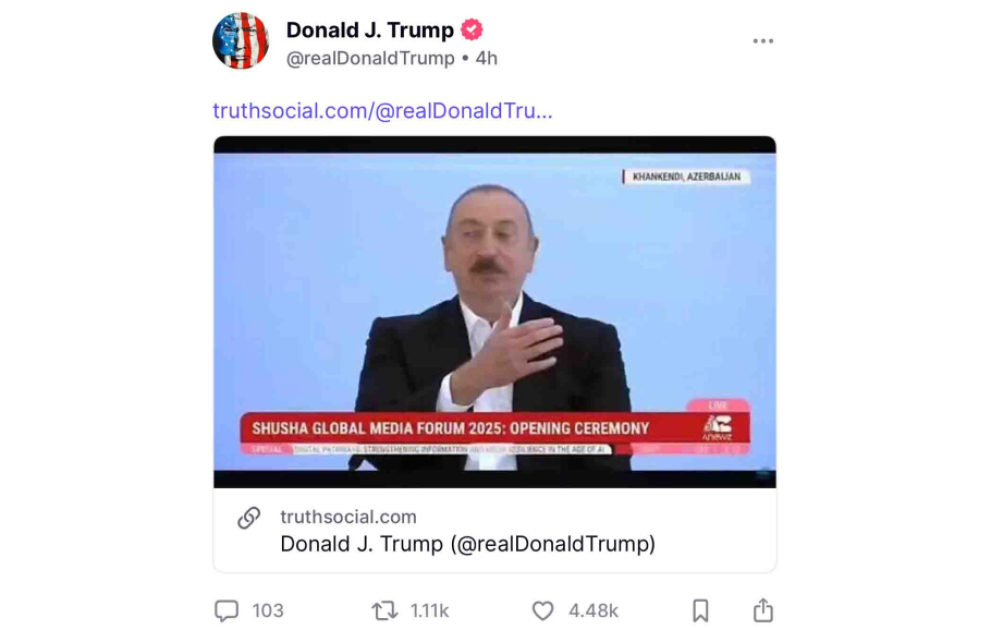 Donald Tramp Prezident İlham Əliyevin Xankəndidəki çıxışından bir hissəni paylaşıb
