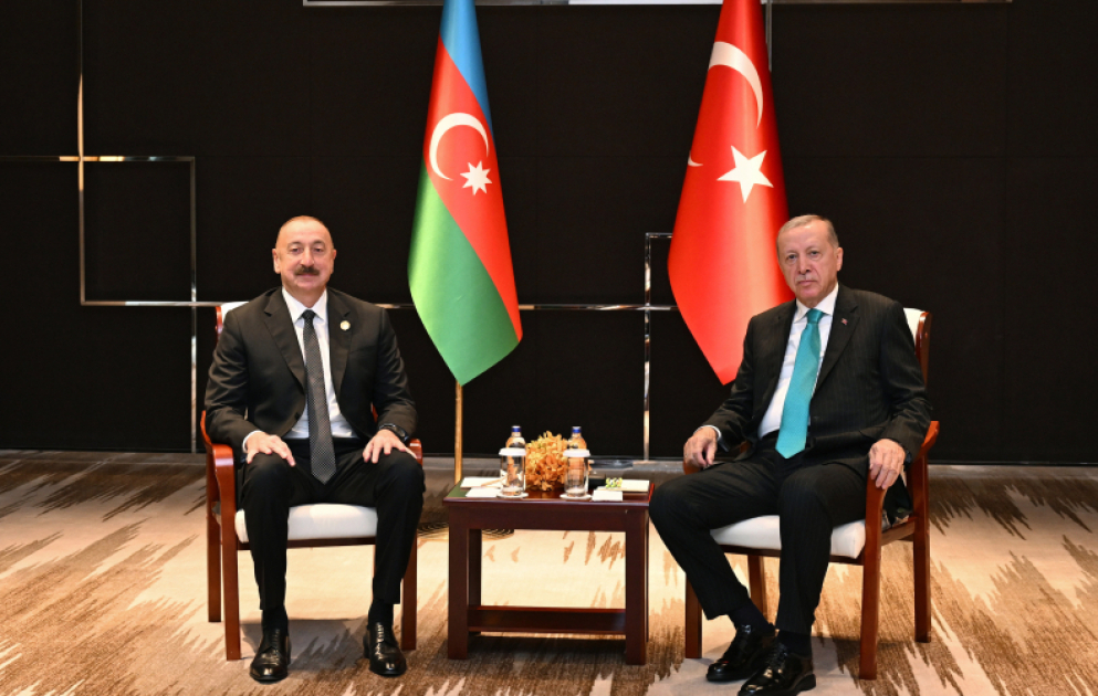 Präsident Aserbaidschans Ilham Aliyev trifft seinen türkischen Amtskollegen Recep Tayyip Erdoğan in Tianjin