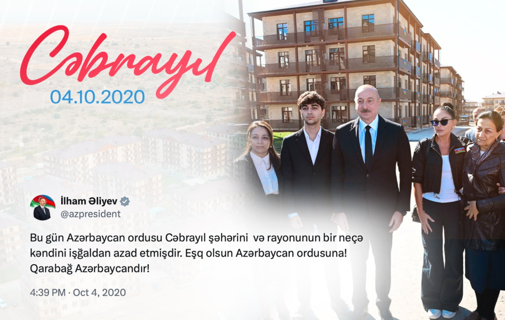 Prezident İlham Əliyev Cəbrayıl şəhərinin işğaldan azad edilməsinin ildönümü ilə bağlı paylaşım edib