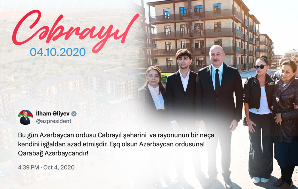 President Ilham Aliyev shared post on anniversary of liberation of Jabrayil city
