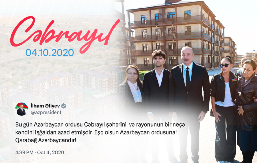 Le président Ilham Aliyev partage une publication relative à la libération de la ville de Djabraïl